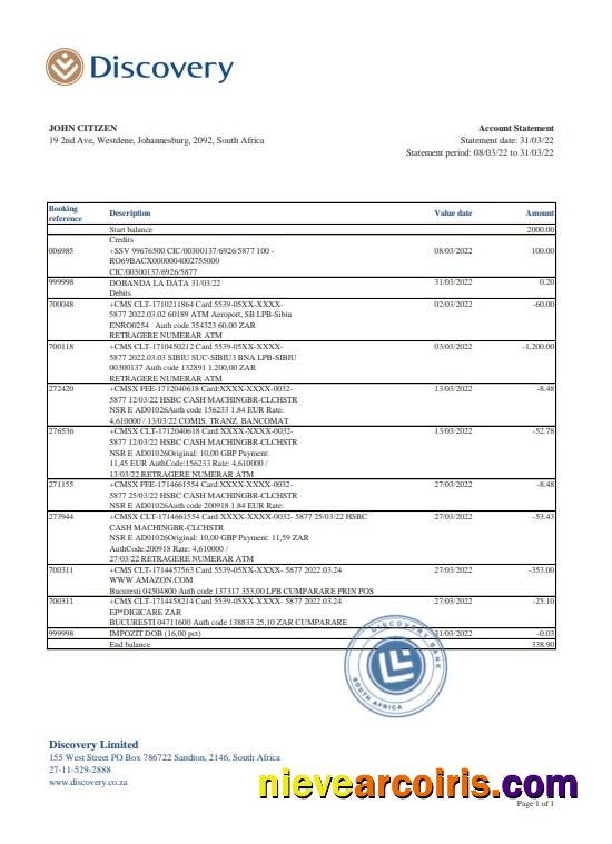 South Africa Discovery bank statement, Excel and PDF